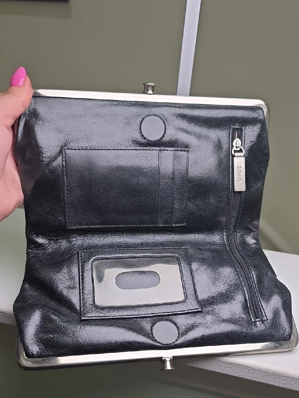 HOBO Black Leather Floral Embossed "Lauren" Double Snap Fold Open Clutch EUC - Picture 9 of 15